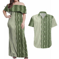 Vintage Sage Green Hawaiian Traditional Kapa Mix Flowers Lei Couples Matching Off Shoulder Maxi Dress and Hawaiian Shirt