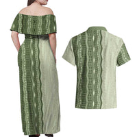 Vintage Sage Green Hawaiian Traditional Kapa Mix Flowers Lei Couples Matching Off Shoulder Maxi Dress and Hawaiian Shirt