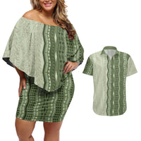 Vintage Sage Green Hawaiian Traditional Kapa Mix Flowers Lei Couples Matching Off Shoulder Short Dress and Hawaiian Shirt