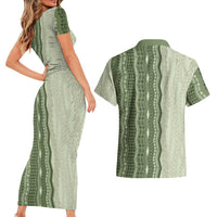 Vintage Sage Green Hawaiian Traditional Kapa Mix Flowers Lei Couples Matching Short Sleeve Bodycon Dress and Hawaiian Shirt
