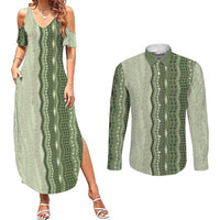 Vintage Sage Green Hawaiian Traditional Kapa Mix Flowers Lei Couples Matching Summer Maxi Dress and Long Sleeve Button Shirt