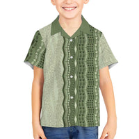 Vintage Sage Green Hawaiian Traditional Kapa Mix Flowers Lei Family Matching Off The Shoulder Long Sleeve Dress and Hawaiian Shirt LT7 Son's Shirt Sage Green - Polynesian Pride