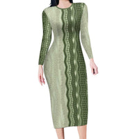 Vintage Sage Green Hawaiian Traditional Kapa Mix Flowers Lei Long Sleeve Bodycon Dress