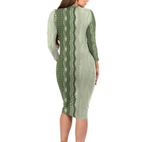 Vintage Sage Green Hawaiian Traditional Kapa Mix Flowers Lei Long Sleeve Bodycon Dress