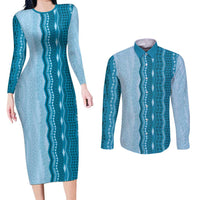 Vintage Cobalt Blue Hawaiian Traditional Kapa Mix Flowers Lei Couples Matching Long Sleeve Bodycon Dress and Long Sleeve Button Shirt