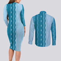 Vintage Cobalt Blue Hawaiian Traditional Kapa Mix Flowers Lei Couples Matching Long Sleeve Bodycon Dress and Long Sleeve Button Shirt