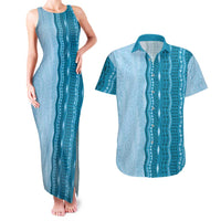 Vintage Cobalt Blue Hawaiian Traditional Kapa Mix Flowers Lei Couples Matching Tank Maxi Dress and Hawaiian Shirt