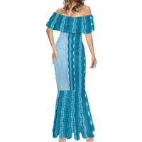 Vintage Cobalt Blue Hawaiian Traditional Kapa Mix Flowers Lei Mermaid Dress