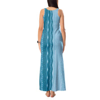 Vintage Cobalt Blue Hawaiian Traditional Kapa Mix Flowers Lei Tank Maxi Dress