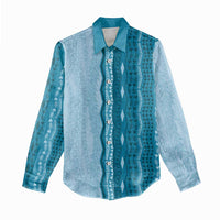 Vintage Cobalt Blue Hawaiian Traditional Kapa Mix Flowers Lei Women Casual Shirt