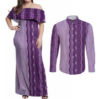 Vintage Violet Hawaiian Traditional Kapa Mix Flowers Lei Couples Matching Off Shoulder Maxi Dress and Long Sleeve Button Shirt