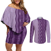 Vintage Violet Hawaiian Traditional Kapa Mix Flowers Lei Couples Matching Off Shoulder Short Dress and Long Sleeve Button Shirt