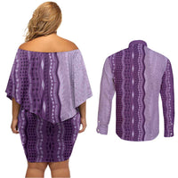 Vintage Violet Hawaiian Traditional Kapa Mix Flowers Lei Couples Matching Off Shoulder Short Dress and Long Sleeve Button Shirt