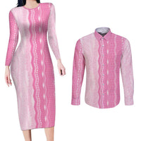 Vintage Pink Hawaiian Traditional Kapa Mix Flowers Lei Couples Matching Long Sleeve Bodycon Dress and Long Sleeve Button Shirt