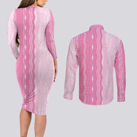 Vintage Pink Hawaiian Traditional Kapa Mix Flowers Lei Couples Matching Long Sleeve Bodycon Dress and Long Sleeve Button Shirt