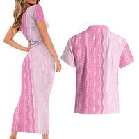 Vintage Pink Hawaiian Traditional Kapa Mix Flowers Lei Couples Matching Short Sleeve Bodycon Dress and Hawaiian Shirt