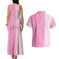 Vintage Pink Hawaiian Traditional Kapa Mix Flowers Lei Couples Matching Tank Maxi Dress and Hawaiian Shirt