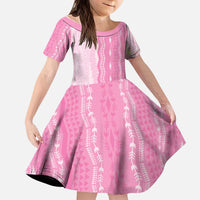 Vintage Pink Hawaiian Traditional Kapa Mix Flowers Lei Kid Short Sleeve Dress