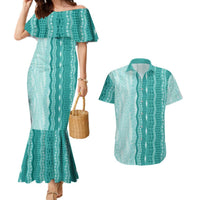 Vintage Teal Hawaiian Traditional Kapa Mix Flowers Lei Couples Matching Mermaid Dress and Hawaiian Shirt