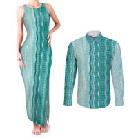 Vintage Teal Hawaiian Traditional Kapa Mix Flowers Lei Couples Matching Tank Maxi Dress and Long Sleeve Button Shirt