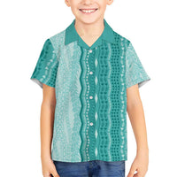 Vintage Teal Hawaiian Traditional Kapa Mix Flowers Lei Family Matching Puletasi and Hawaiian Shirt LT7 Son's Shirt Teal - Polynesian Pride