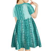 Vintage Teal Hawaiian Traditional Kapa Mix Flowers Lei Kid Short Sleeve Dress