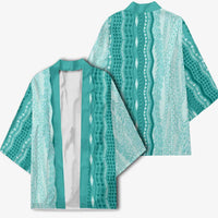 Vintage Teal Hawaiian Traditional Kapa Mix Flowers Lei Kimono