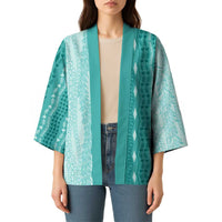 Vintage Teal Hawaiian Traditional Kapa Mix Flowers Lei Kimono