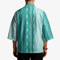 Vintage Teal Hawaiian Traditional Kapa Mix Flowers Lei Kimono