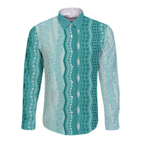 Vintage Teal Hawaiian Traditional Kapa Mix Flowers Lei Long Sleeve Button Shirt