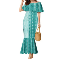 Vintage Teal Hawaiian Traditional Kapa Mix Flowers Lei Mermaid Dress