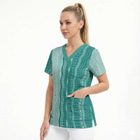 Vintage Teal Hawaiian Traditional Kapa Mix Flowers Lei Scrub Top