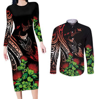 Aloha Hawaii Manta Rays Couples Matching Long Sleeve Bodycon Dress and Long Sleeve Button Shirt Red Ohia Lehua