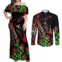 Aloha Hawaii Manta Rays Couples Matching Off Shoulder Maxi Dress and Long Sleeve Button Shirt Red Ohia Lehua