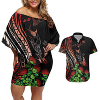 Aloha Hawaii Manta Rays Couples Matching Off Shoulder Short Dress and Hawaiian Shirt Red Ohia Lehua