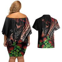 Aloha Hawaii Manta Rays Couples Matching Off Shoulder Short Dress and Hawaiian Shirt Red Ohia Lehua