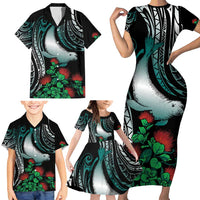 Aloha Hawaii Monk Seal Family Matching Short Sleeve Bodycon Dress and Hawaiian Shirt Mix Ohia Lehua