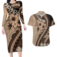 Bula Fiji Couples Matching Long Sleeve Bodycon Dress and Hawaiian Shirt Mocha Brown Kaivity Masi Tapa