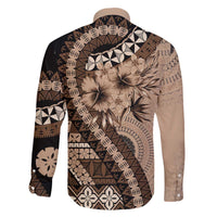 Bula Fiji Family Matching Off The Shoulder Long Sleeve Dress and Hawaiian Shirt Mocha Brown Kaivity Masi Tapa