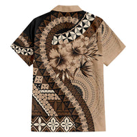 Bula Fiji Family Matching Off Shoulder Short Dress and Hawaiian Shirt Mocha Brown Kaivity Masi Tapa