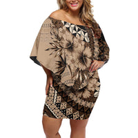 Bula Fiji Family Matching Off Shoulder Short Dress and Hawaiian Shirt Mocha Brown Kaivity Masi Tapa