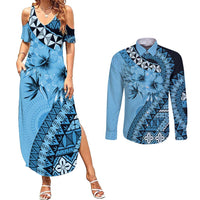 Bula Fiji Couples Matching Summer Maxi Dress and Long Sleeve Button Shirt Turquoise Kaivity Masi Tapa LT7 Turquoise - Polynesian Pride