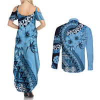 Bula Fiji Couples Matching Summer Maxi Dress and Long Sleeve Button Shirt Turquoise Kaivity Masi Tapa LT7 - Polynesian Pride
