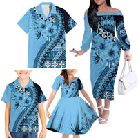 Bula Fiji Family Matching Off The Shoulder Long Sleeve Dress and Hawaiian Shirt Turquoise Kaivity Masi Tapa