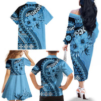 Bula Fiji Family Matching Off The Shoulder Long Sleeve Dress and Hawaiian Shirt Turquoise Kaivity Masi Tapa