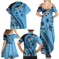 Bula Fiji Family Matching Summer Maxi Dress and Hawaiian Shirt Turquoise Kaivity Masi Tapa