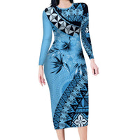 Bula Fiji Long Sleeve Bodycon Dress Turquoise Kaivity Masi Tapa LT7 Long Dress Turquoise - Polynesian Pride