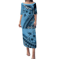 Bula Fiji Puletasi Turquoise Kaivity Masi Tapa LT7 Long Dress Turquoise - Polynesian Pride