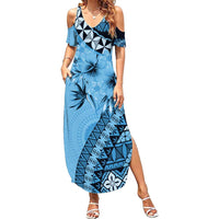 Bula Fiji Summer Maxi Dress Turquoise Kaivity Masi Tapa LT7 Women Turquoise - Polynesian Pride