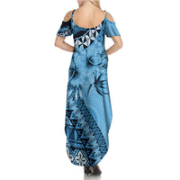 Bula Fiji Summer Maxi Dress Turquoise Kaivity Masi Tapa LT7 - Polynesian Pride